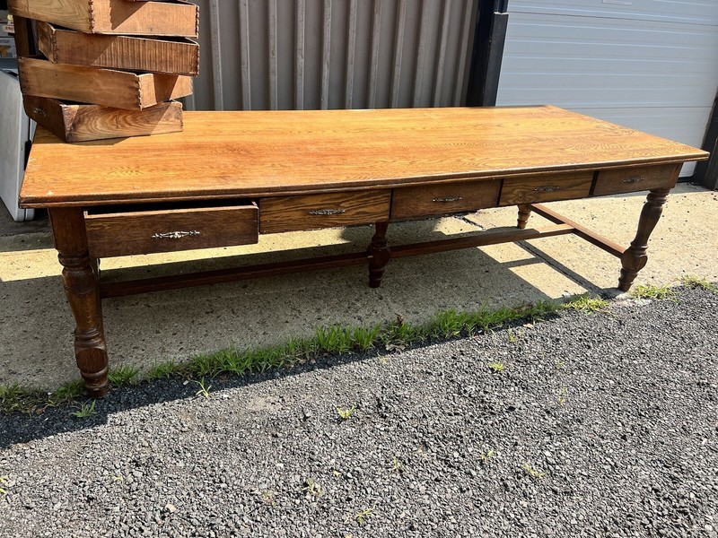 c1900 massive oak Trestle style table great patina 9’/42/30.5” – 10 drawers