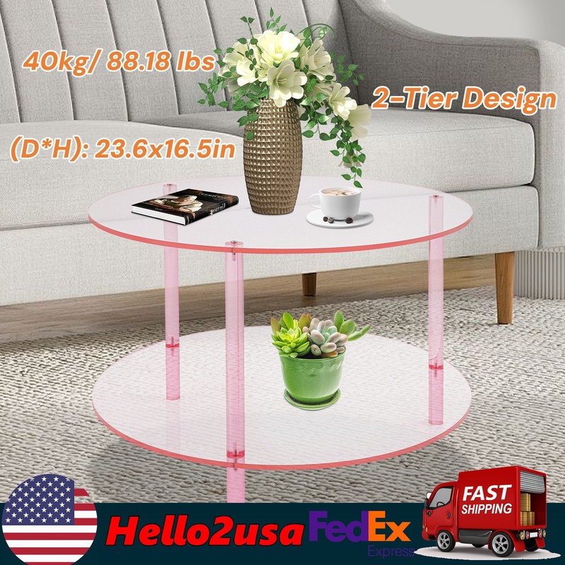 Modern Round Pink Acrylic Coffee Table, Modern Coffee Table, 2-tier Coffee Table