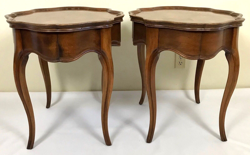 Vintage Pair Louis XV Solid Maple & Burl Inlaid Scalloped Edge Side End Table gallery