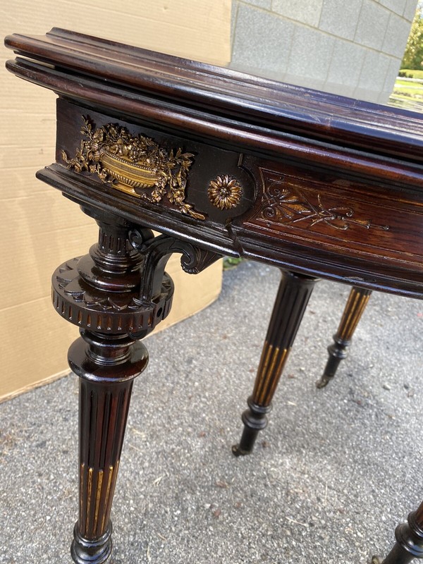 ROSEWOOD INCISED AND BRONZE ORMOLU CARD TABLE, ATTR. HERTER gallery