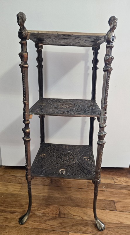 19th Century Embossed 3 Tier Brass Side Table Floral Arabesques Sculpted Busts
