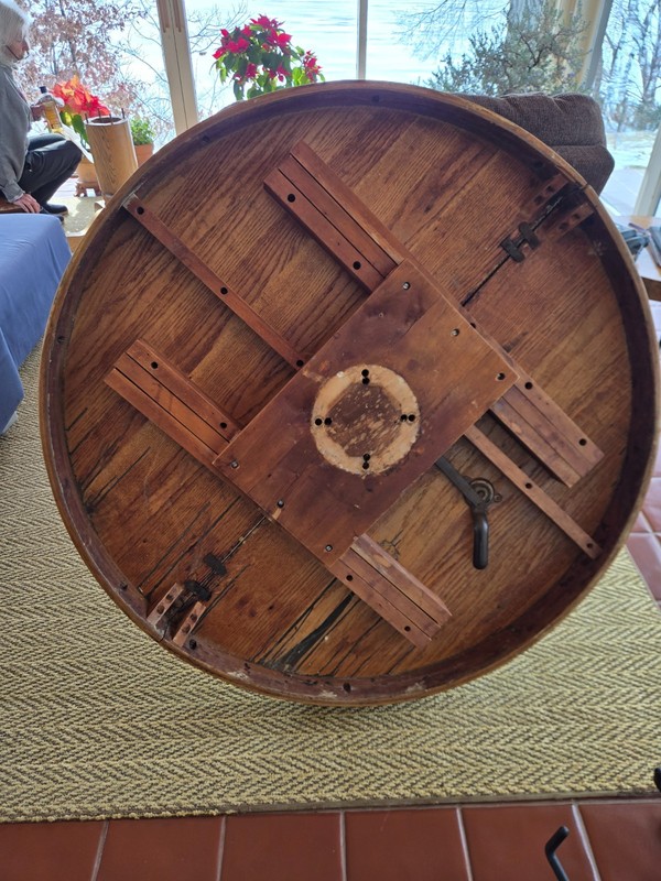Antique Round Oak Dining Table with Pedestal Base and three 9"-wide Leaves gallery