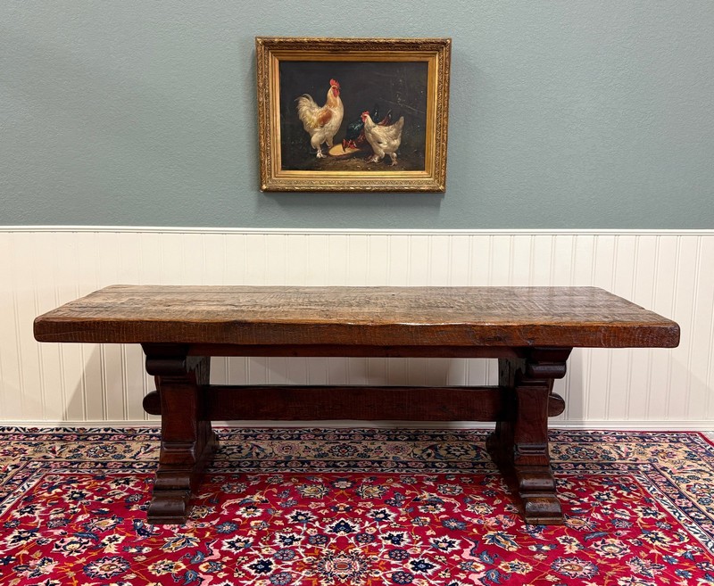 Antique French Dining Farmhouse Refectory Monastery Table Trestle Base Mid 19thC gallery