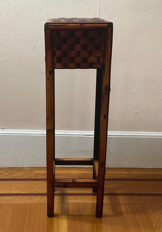 Vintage Bamboo Plant Stand Woven Top Boho Accent Table 27.75” h x 5.4 lb