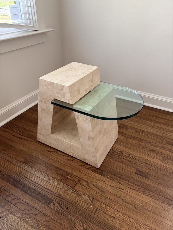 1980s Postmodern Tessellated Stone Side Table D-Glass Top Garcel Style