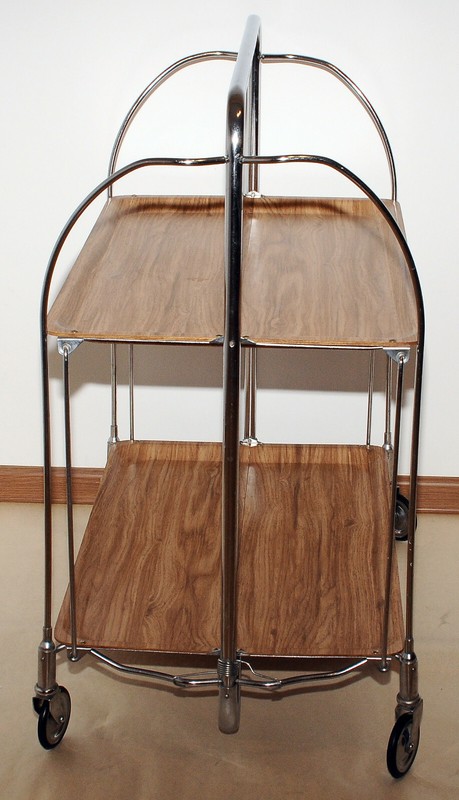 SERVING TABLE Mid-Century Modern Folding Tea Cart Chrome Plywood Bauhaus Style gallery
