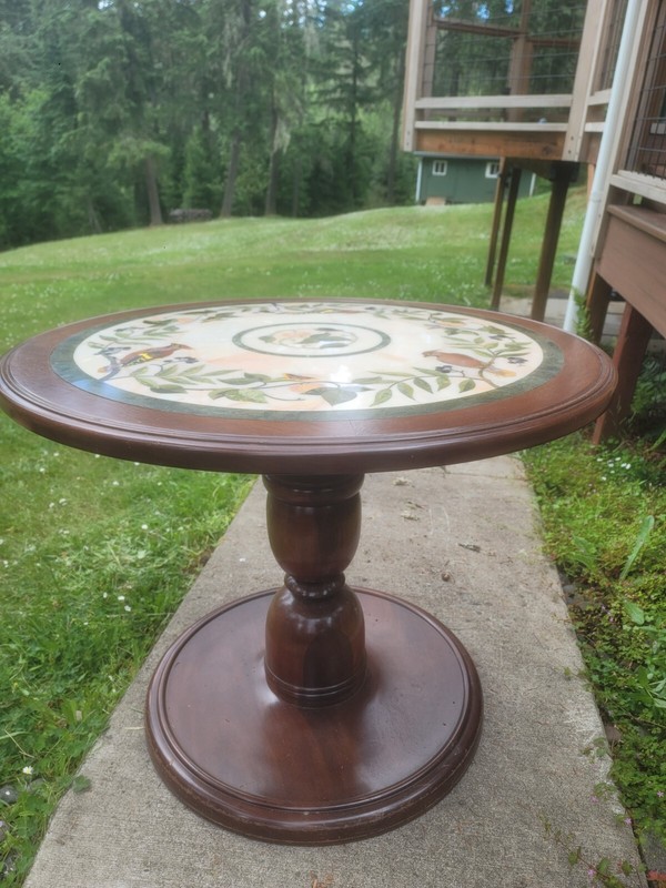 Oak marble bird inlay table and 4 chairs