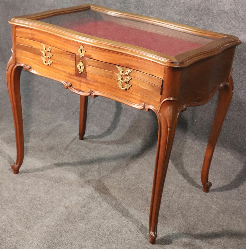 Lockable French Louis XV Walnut Jeweler's Display Table Vitrine with Drawers gallery
