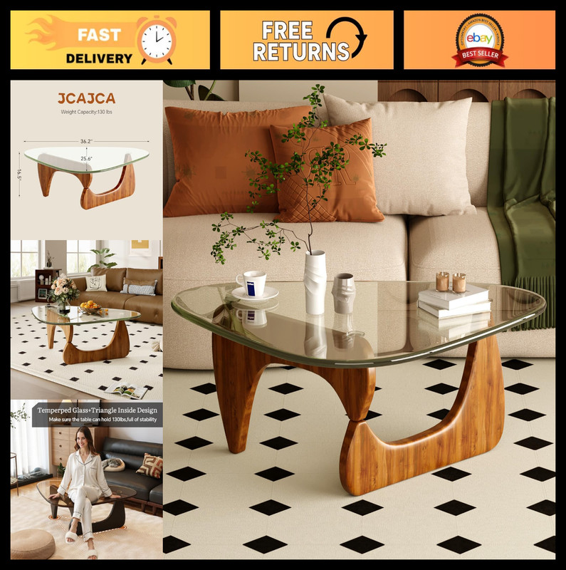 Mid Century Modern Coffee Table for Living Room – Glass Top, Walnut Finish, Styl