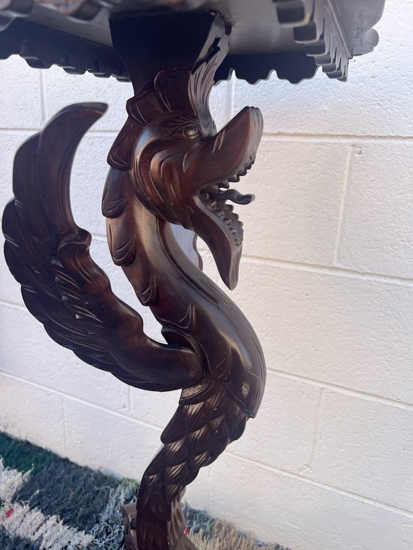 VINTAGE ORNATE WOOD CARVED DRAGON TABLE GOTHIC 43” TALL WALNUT gallery