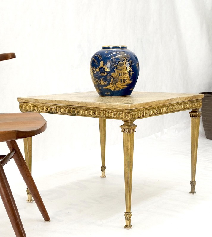 Square Solid Brass or Bronze Base Travertine Top Side End Occasional Table MINT! gallery