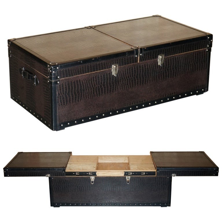 LEATHER CROCODILE ALLIGATOR EMBOSSED ASH WOOD INTERNAL STORAGE COFFEE TABLE