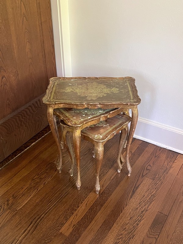 Set of Three Antique Italian Florentine Nesting Tables – Gold and Green Accents