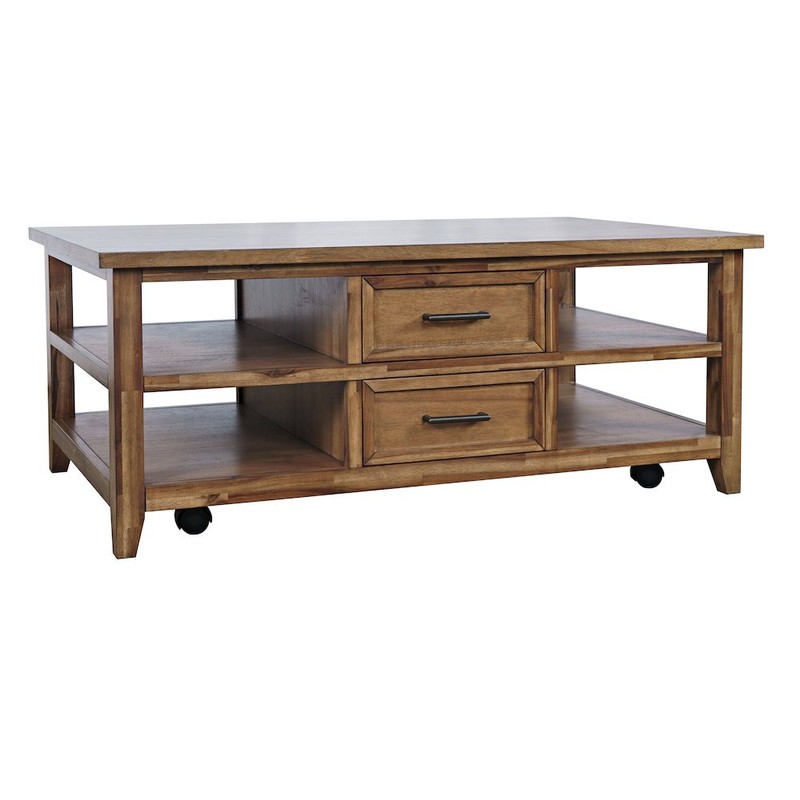 Claremont 48" Transitional Rustic Wood Coffee Table with Wheels gallery