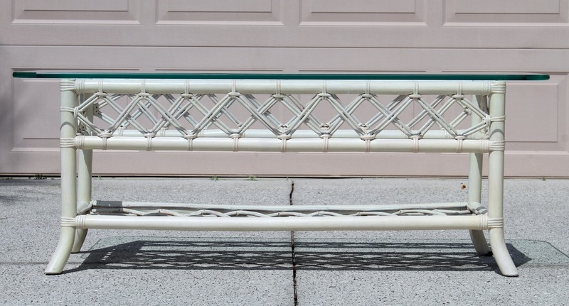 Vintage 1970s Coastal Rattan Coffee Table with Turquoise Glass Top gallery