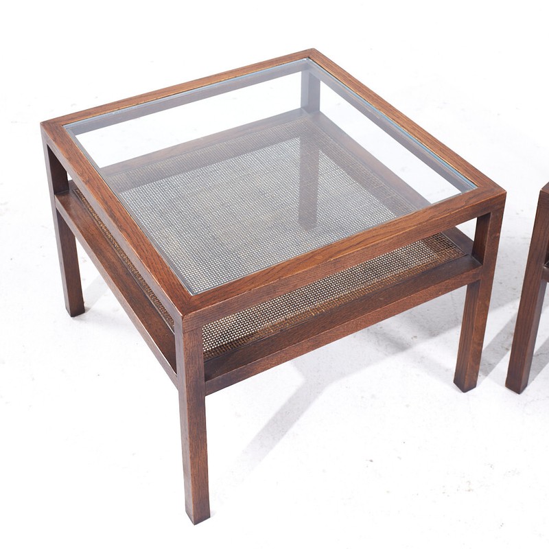 Founders Style Mid Century Oak, Cane and Glass End Tables - Pair gallery