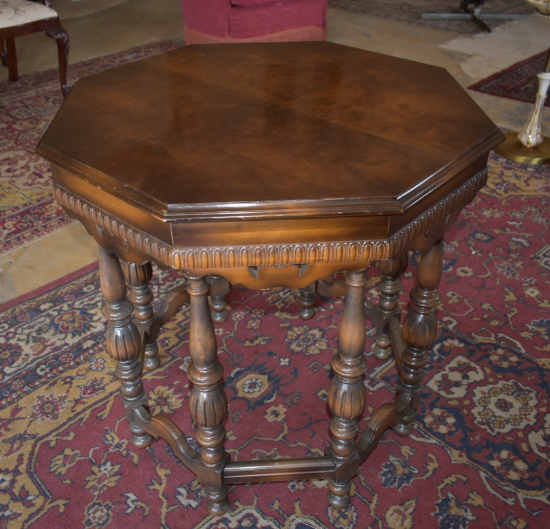 Vintage Octagonal Walnut Side Table Burl Top Turned Legs Traditional Octogon