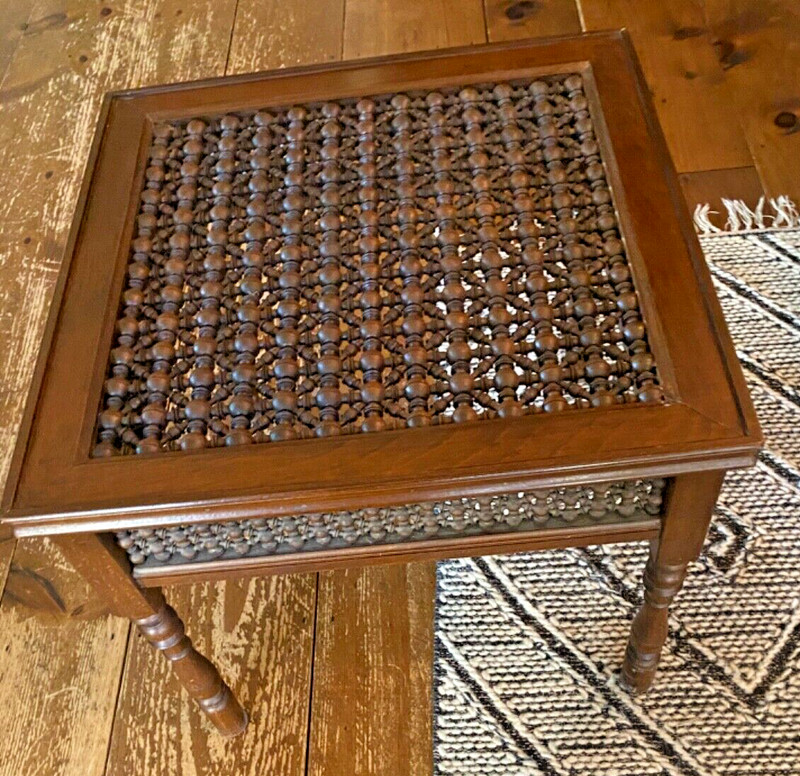 Vintage Moroccan Mid-Century Modern Carved Wood Bobbin Side End Coffee Table gallery