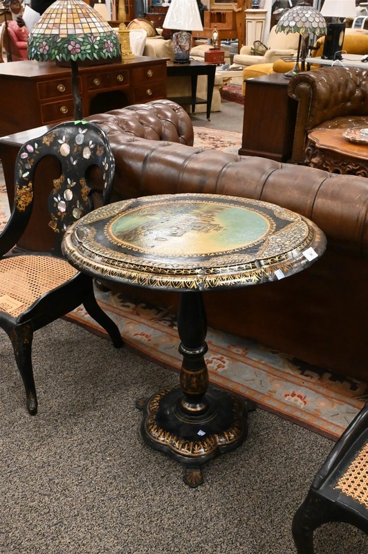 Antique Tip Table, Papier Mache, Black, Gold, Mother of Pearl, Scene, 1800s! gallery