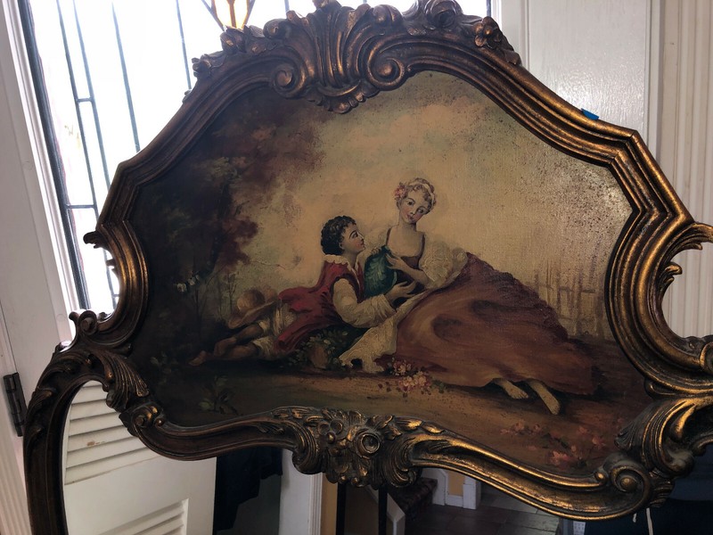 Antique Carved Gold Leaf French Style Mirror with Hand Painted Scene gallery