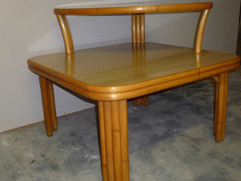 1950s TIERED THICK BAMBOO CORNER TABLE WITH LAMINATE TOP gallery