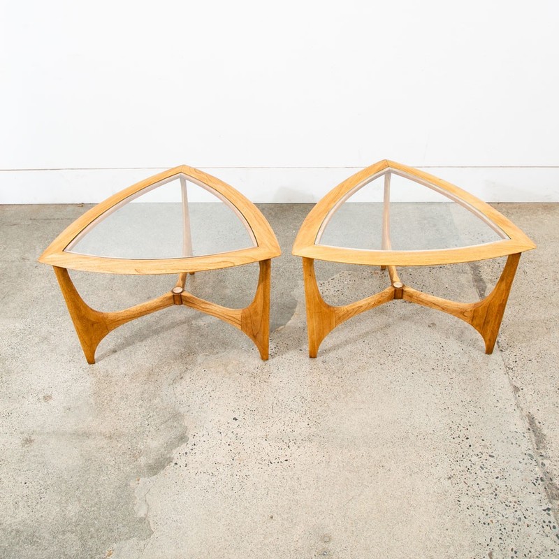 Mid Century Modern Cocktail Table Set Side End Round Glass Triangular Lane Pair gallery