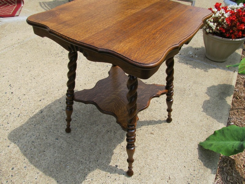 Victorian Antique Parlor Table Tiger Oak Barley Twist Legs and Lower Shelf gallery