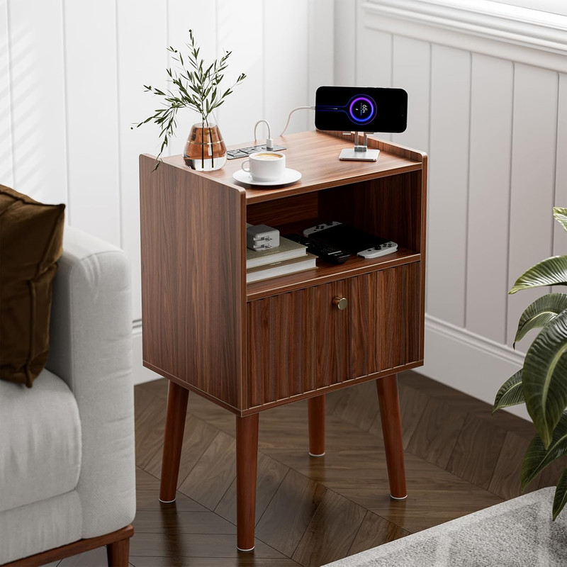 Mid Century Modern Side Table with Charging Station, Tall End Table with Fluted gallery