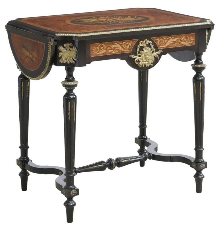Antique Drop-Side Tables, Near Pair, French Napoleon III, Marquetry, 1800s!! gallery