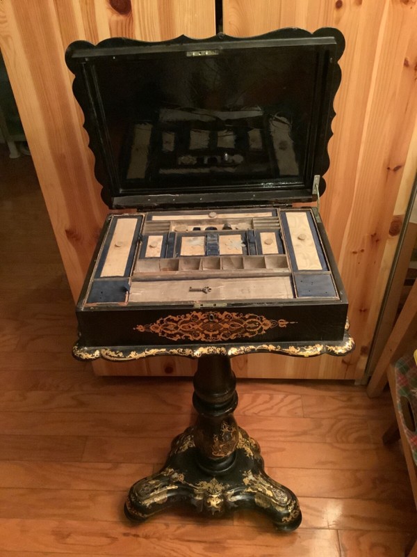 Antique 19th C English Sewing Box Stand W/ Mother of Pearl Inlay & gold painted.