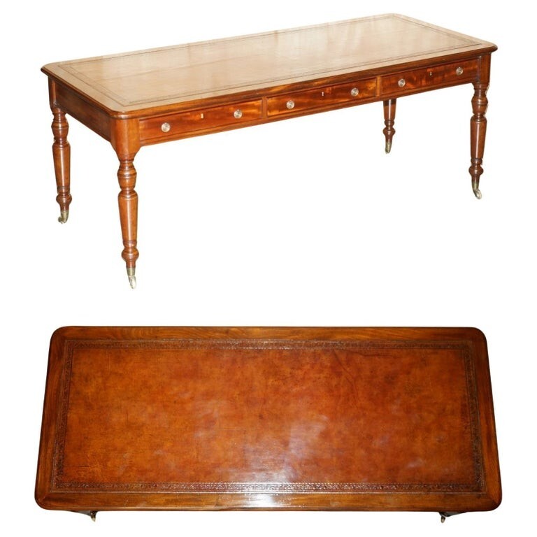 RESTORED ANTIQUE VICTORIAN HOWARD & SON’S BROWN LEATHER LIBRARY DINING TABLE