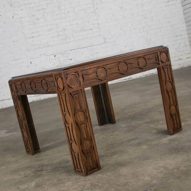 Vintage Modern Square Lane End or Side Table Carved Leg Design & Chevron Veneer gallery
