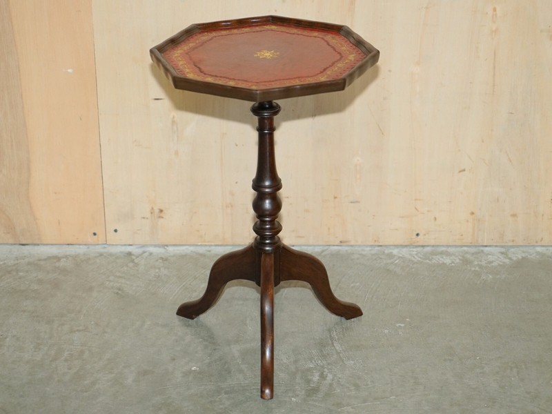 LOVELY GOLD LEAF EMBOSSED OXBLOOD LEATHER TRIPOD SIDE END LAMP WINE TABLE gallery