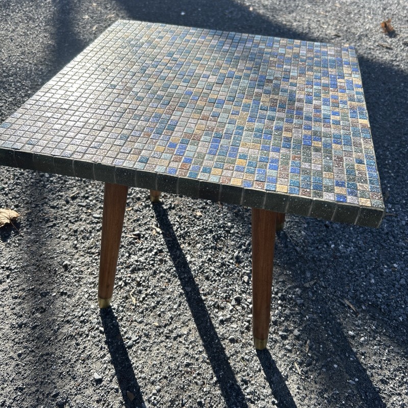Mid Century Modern Mosaic Tiled Side Accent Table Original Wood Legs 18x18x16