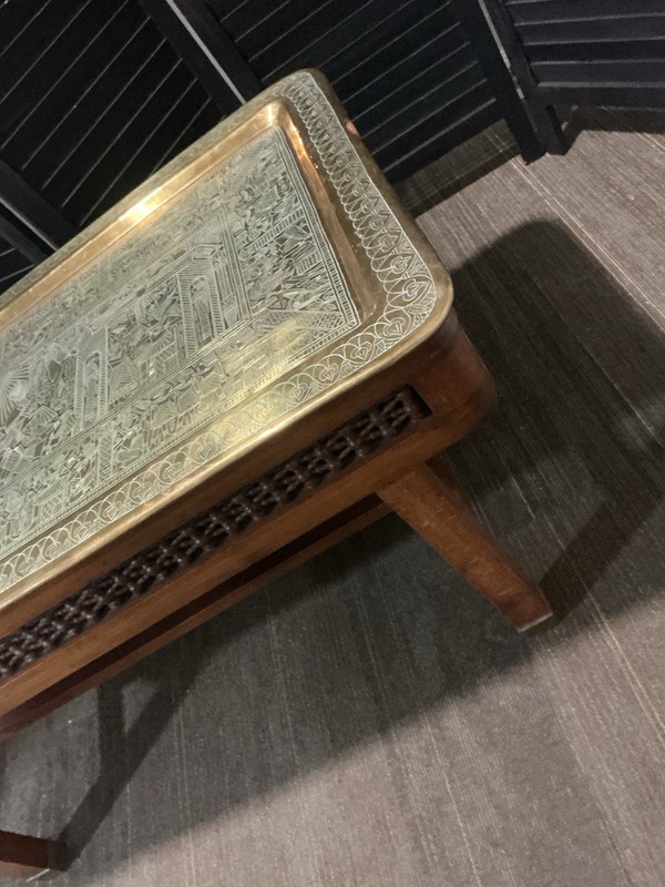 Vintage Brass Engraved Coffee Table Middle Eastern Tray Top Carved Wood Base MCM gallery