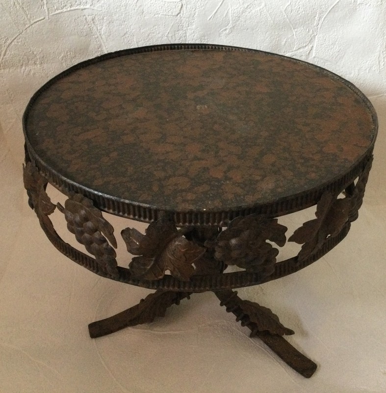Antique Vintage Wrought Iron Accent Table Grapes & Leaves Motif w Mirror Top gallery