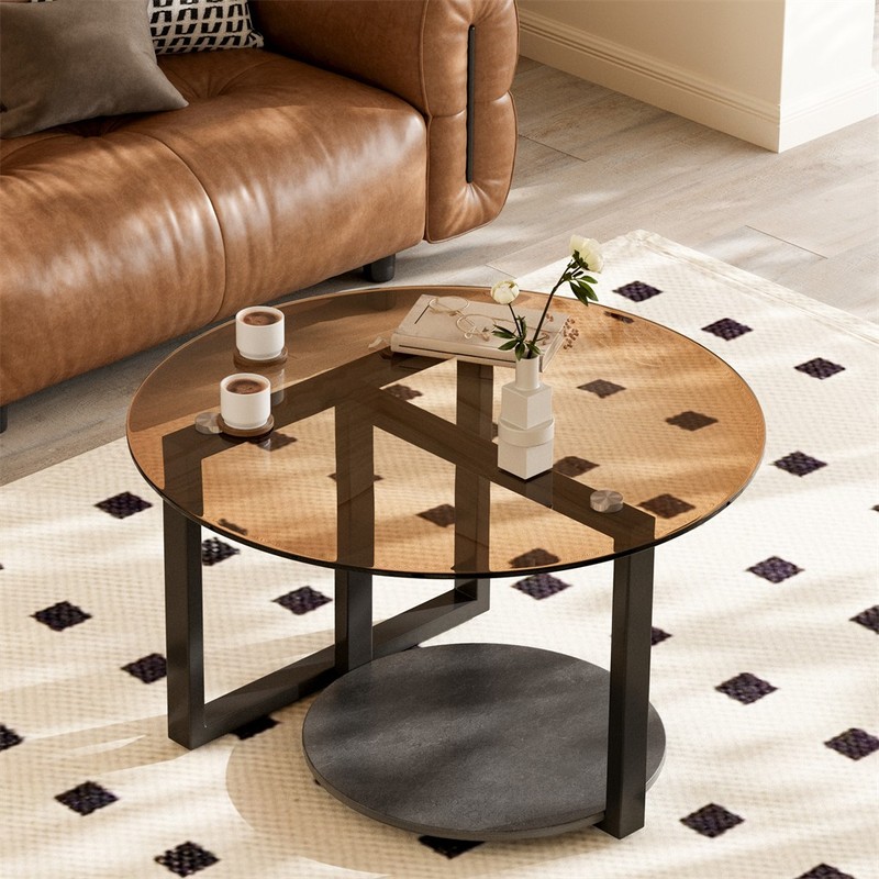 2 Tiers Round Glass Coffee Table Luxury Amber-Tinted Center Table Cocktail Table gallery