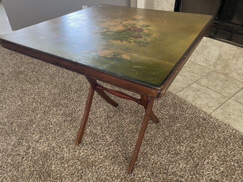 Vintage 1920s Folding Tilting Bridge/Card Game Table Painted Lithograph Topped gallery