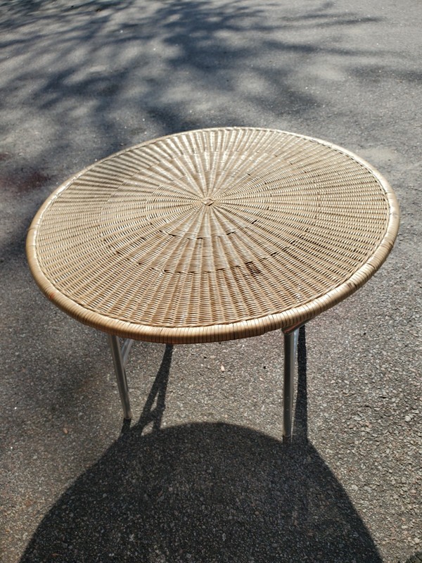 Folding Mid Century Rattan Table With Metal Base Folding