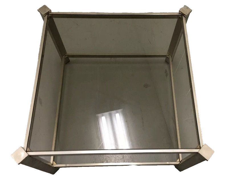 MID CENTURY MODERN HOLLYWOOD REGENCY LOW TABLES STAINLESS & GLASS PAIR gallery