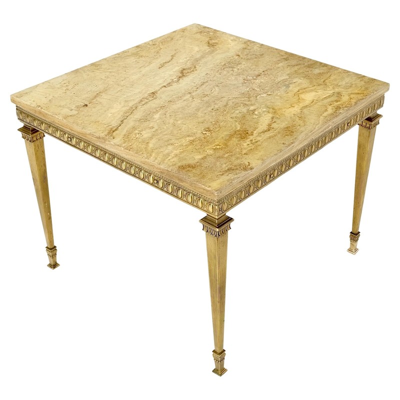Square Solid Brass or Bronze Base Travertine Top Side End Occasional Table MINT!