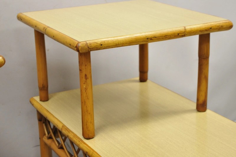 Vintage Mid Century Modern Tiki Room Rattan Bamboo Step Up End Tables - a Pair gallery