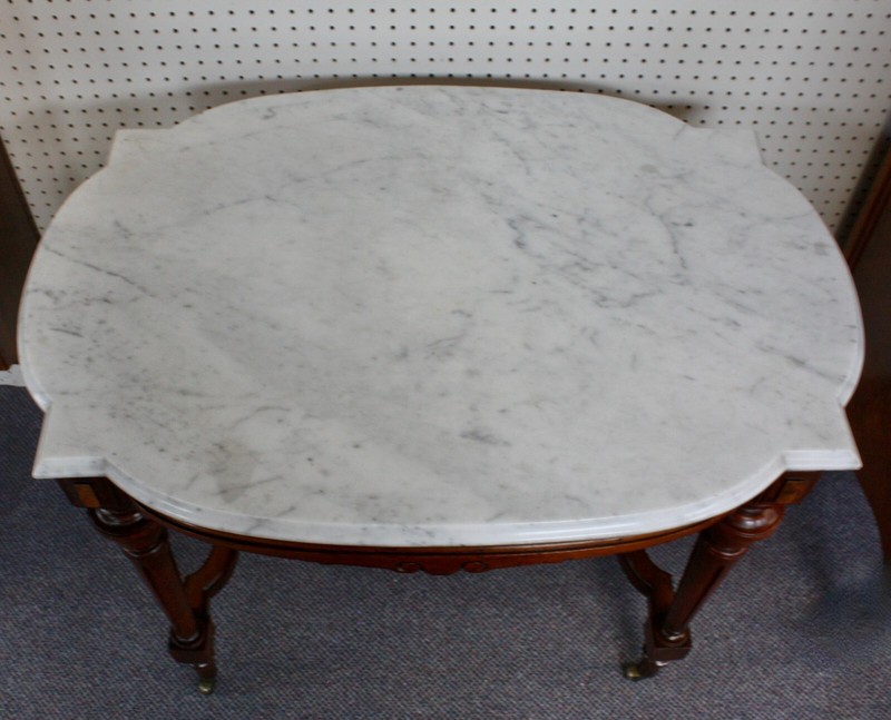 Antique Victorian Eastlake Walnut Parlor Table White Turtle Marble Top, Spire gallery