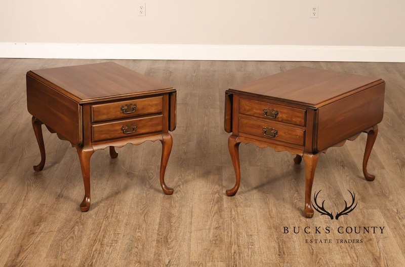 Vintage Pair Of Queen Anne Style Cherry Drop Leaf Two-Drawer End Tables gallery