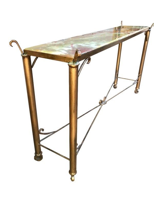 Vintage French Extra Long Green/Multi Onyx Top Console Table Iron Stand gallery