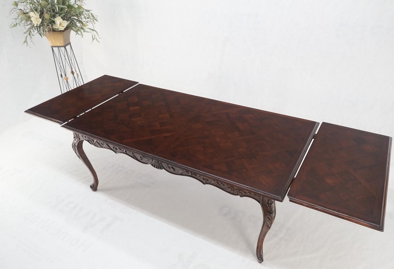 Large French Walnut Refectory Two Leaves Parquetry Carved Top Dining Room Table gallery