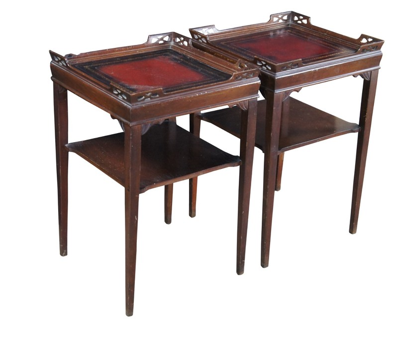 2 Superior Table Mid Century Mahogany Tiered Tooled Leather Side Tables Stands gallery