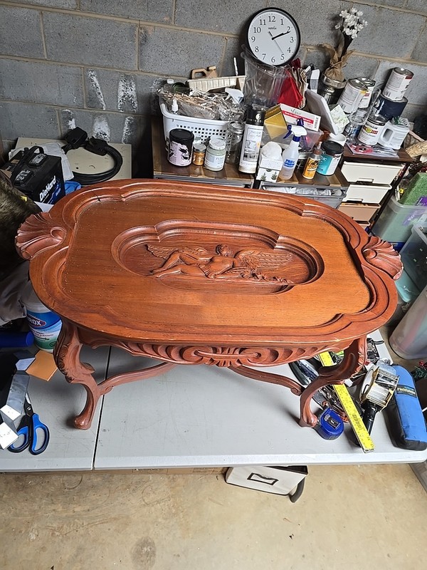 Vtg Small Table With Carved Inlay In Center Covered With Removable Glass Top