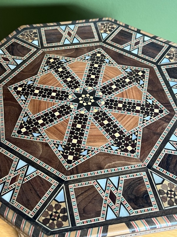 Hand-Inlaid Syrian Moorish Octagonal Pedestal Accent Table 18” Vintage gallery