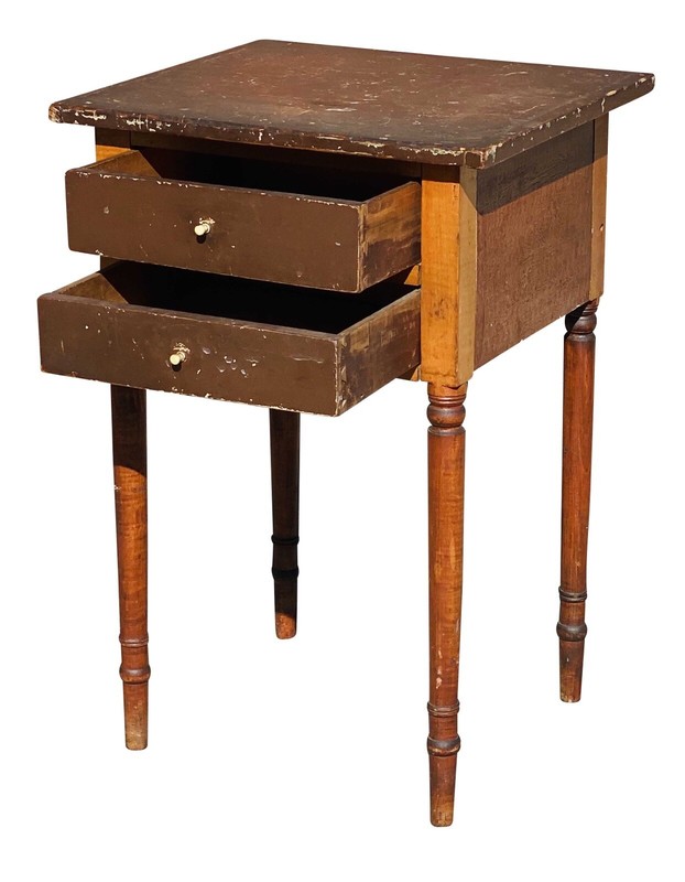 IMPORTANT ANTIQUE FEDERAL PERIOD VERMONT GRAIN PAINTED WORK TABLE / NIGHTSTAND gallery